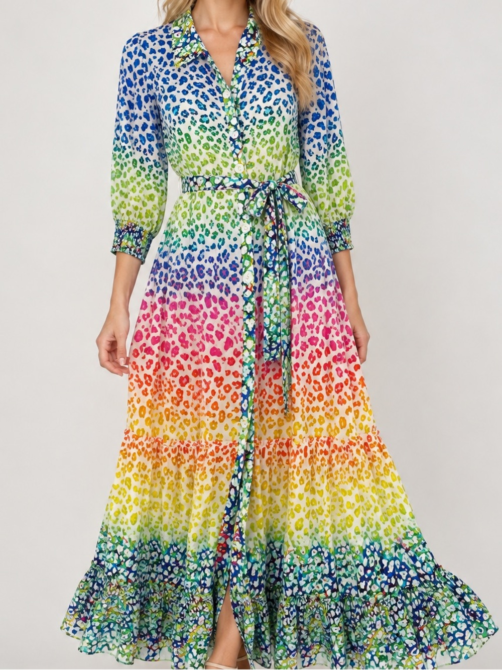 Ryy Australia Rainbow Jeweled Leopard Print Button Front Maxi Dress Large